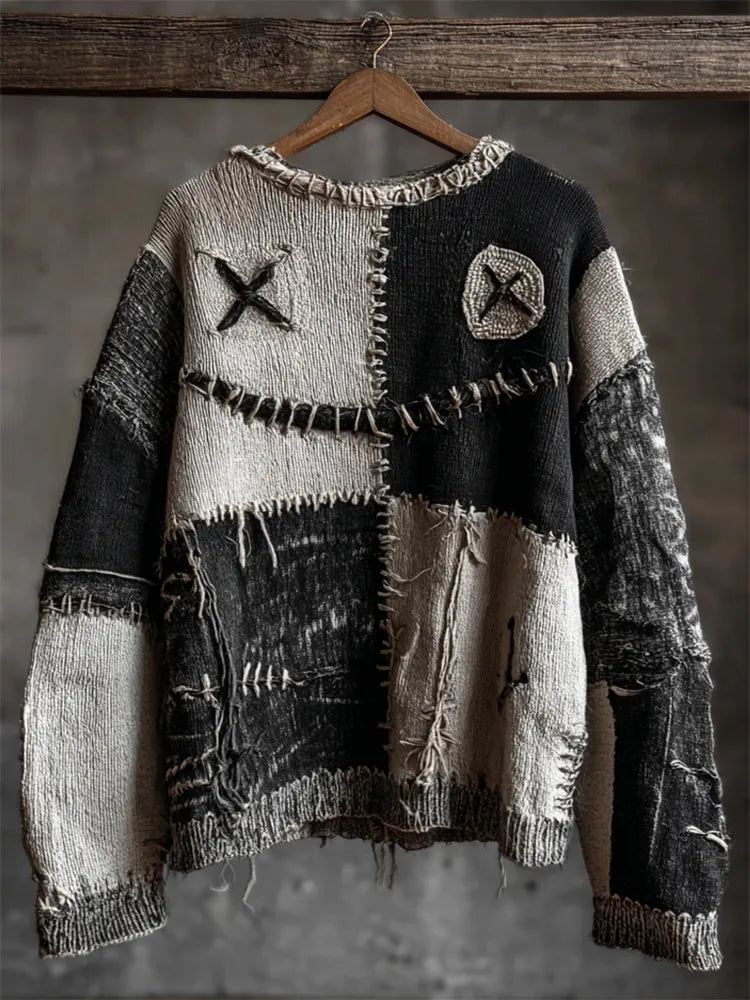 Halloween Monster Face Colorblock Stitched Cozy Knit Sweater