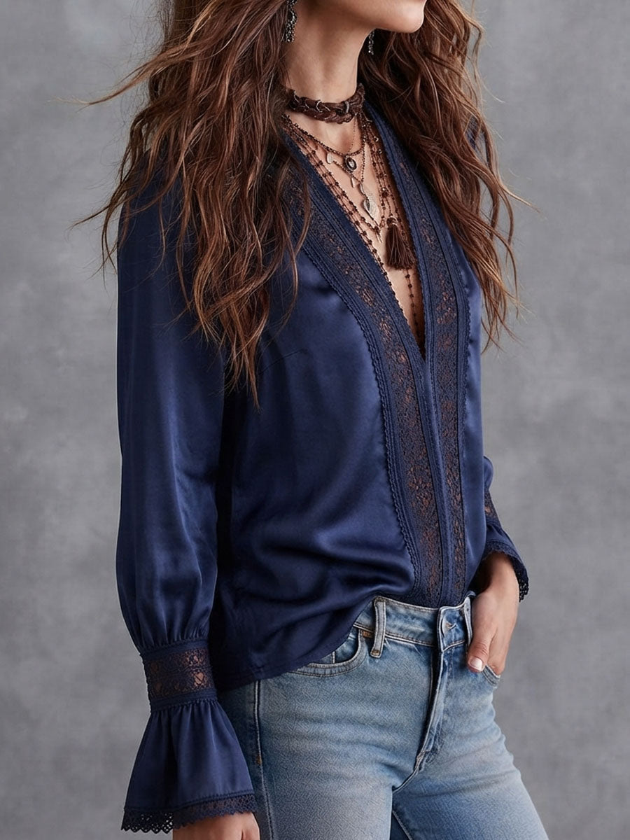 Boho Navy Satin Lace Trim Flare Long Sleeve Blouse