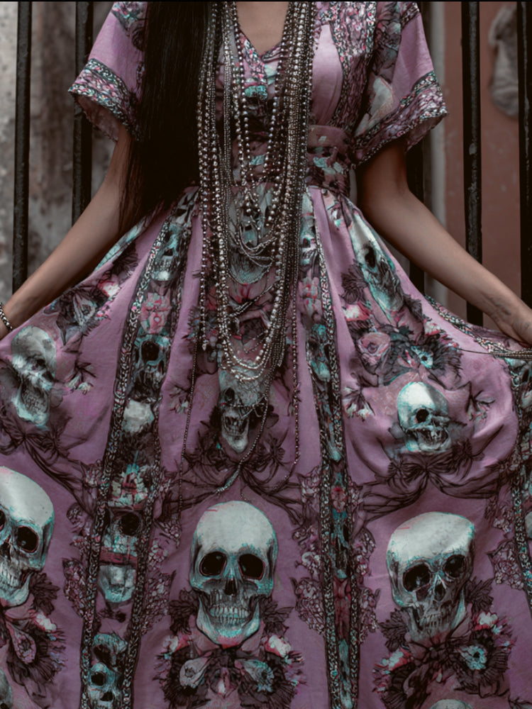 Day Of The Dead Skull Flower Print V-neck Retro Short Sleeve A-line Long Dress