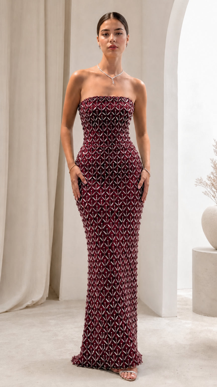 Strapless Beaded Column Maxi Evening Gown