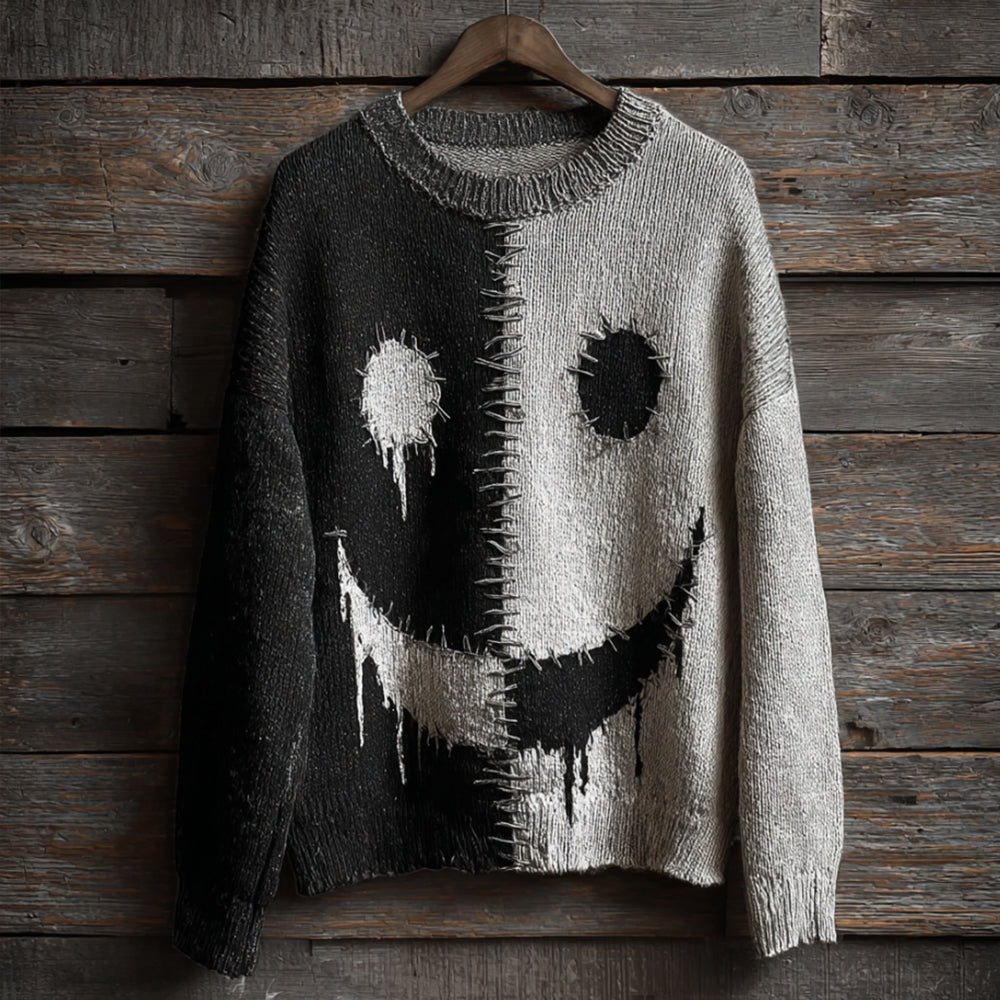 Halloween Ghost Face Black And White Vintage Long-sleeve Round-neck Sweater