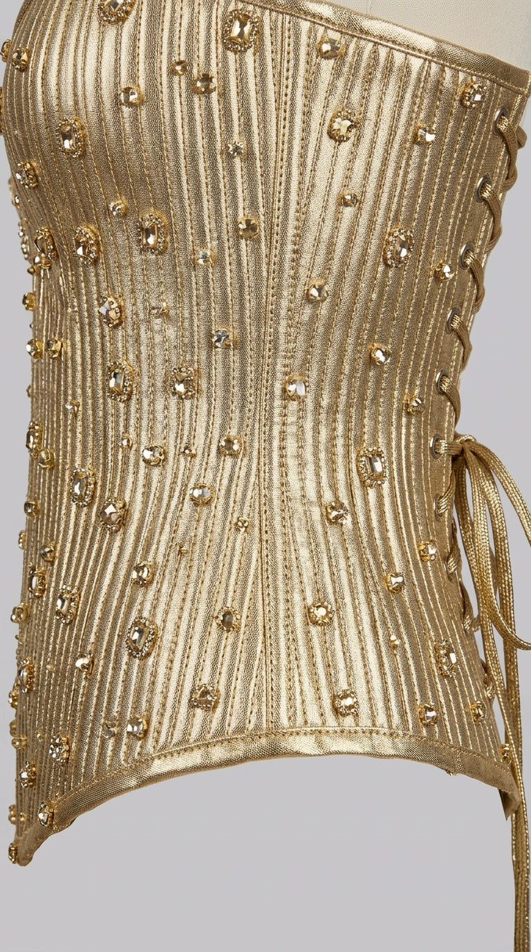 Rhinestone Embellished Strapless Metallic Corset Top