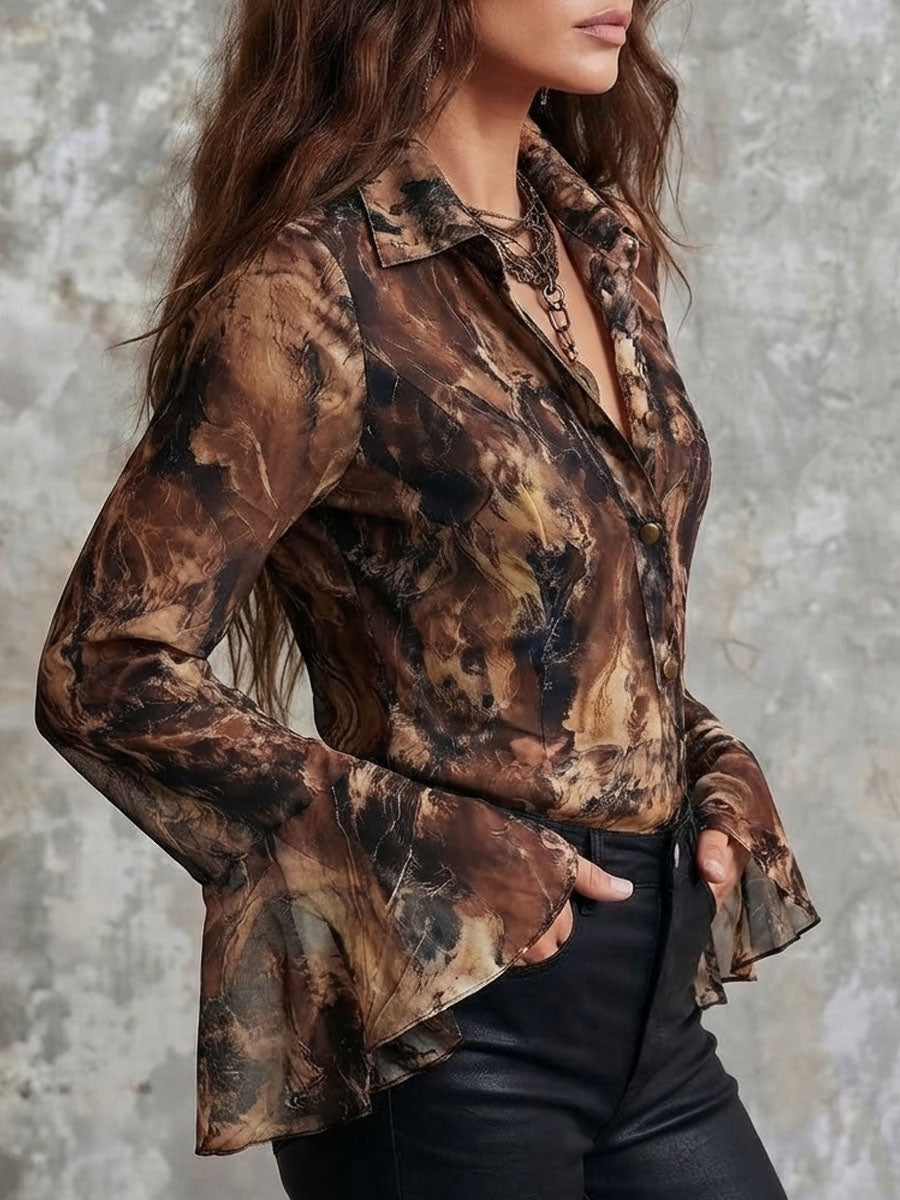 Boho Earth Tone Abstract Pattern Chiffon Blouse With Flared Sleeve