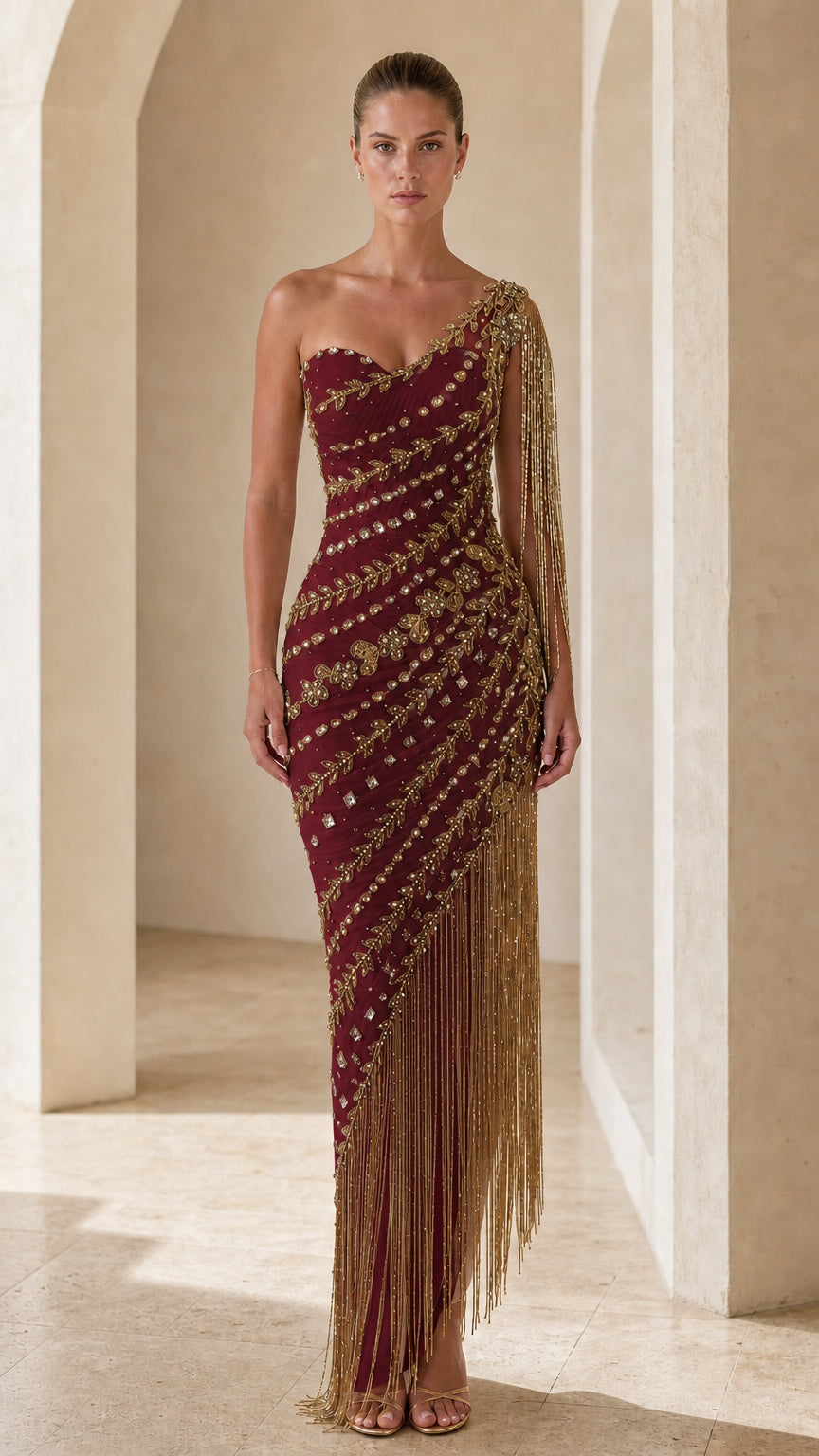 One-Shoulder Beaded Fringe Evening Gown with Metallic Leaf Embroidery