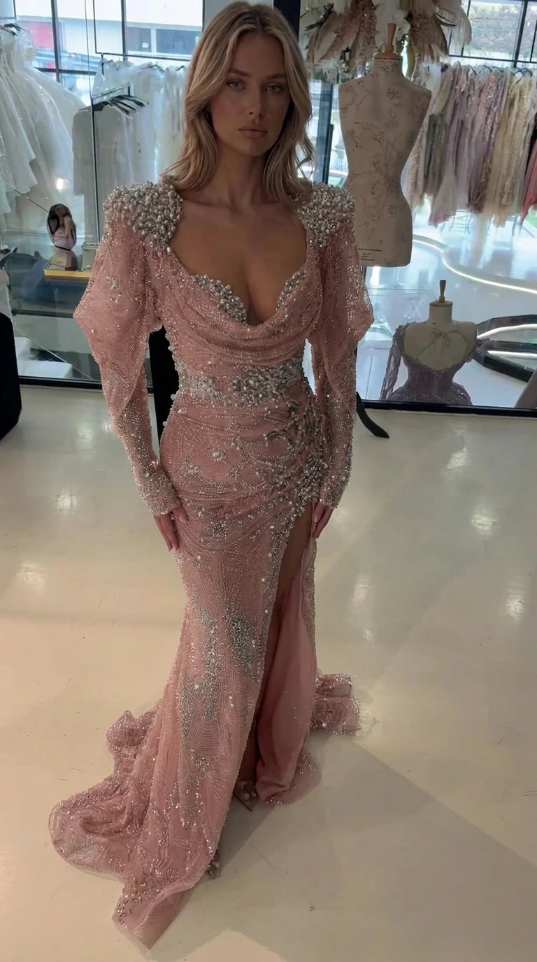 Sparkling Beaded Cowl Neck Long Sleeve Evening Gown with Slit