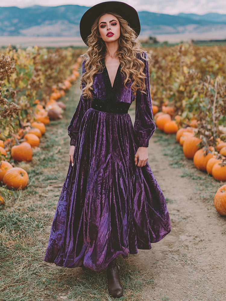 Women's  Vintage Halloween Purple Art Comfy Velvet Maxi Dress