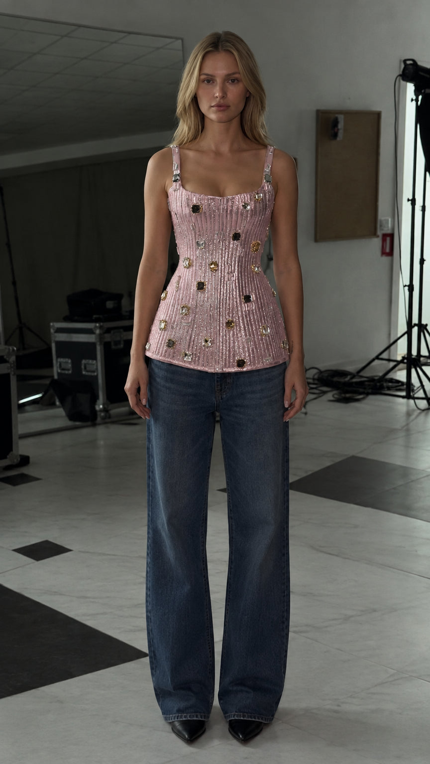 Rhinestone Embellished Shimmer Corset Top Sleeveless Basque Bustier