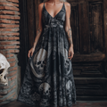 Halloween Gothic Dark Style Skeleton Element Women's V-neck Long Dress