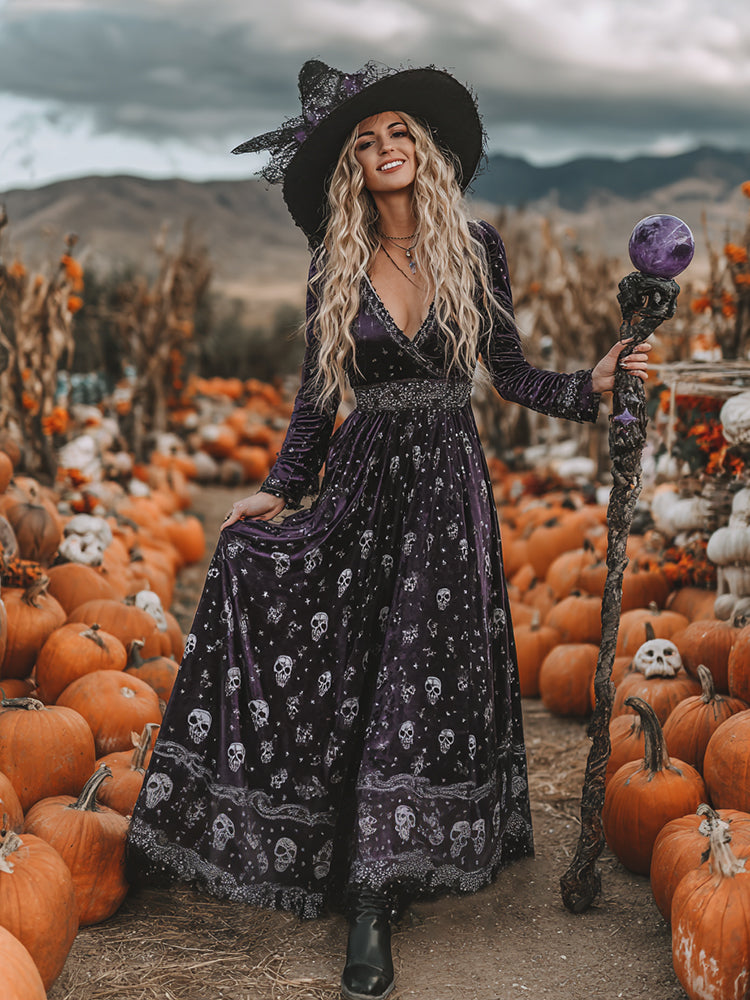Women's  Classic Halloween Skull Art Comfy Velvet Maxi Dress