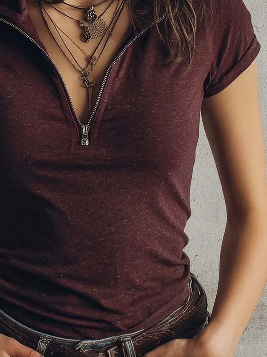 Classic Zip-Neck Snow-Wash Knit Top