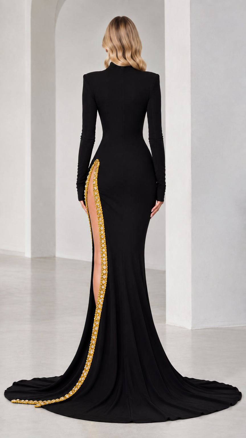 High Neck Long Sleeve Embellished Slit Evening Gown with Train