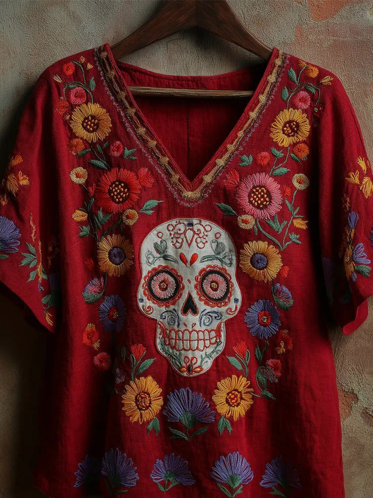 Day Of The Dead Sugar Skulls Floral Embroidered Linen Tunic