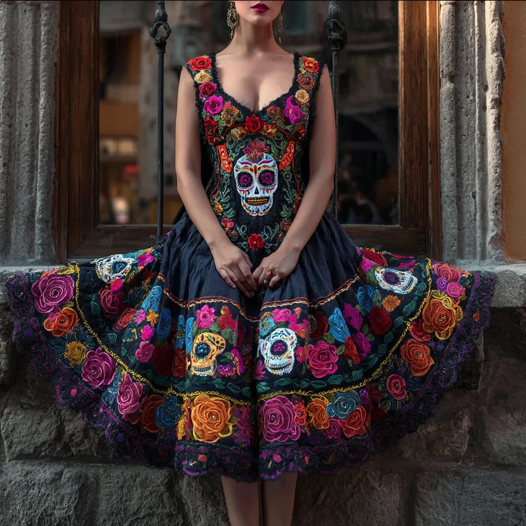 Day Of The Dead Sugar Skulls Roses Floral Linen Dress