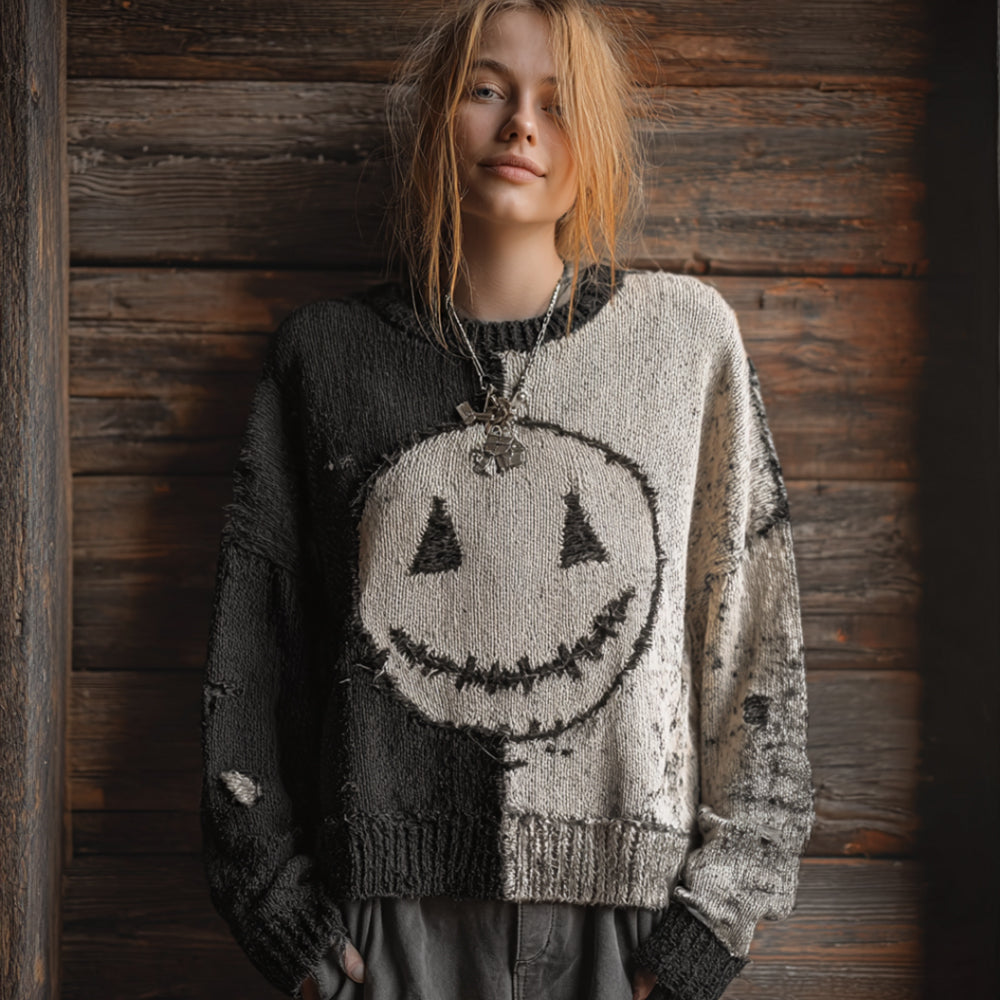 Halloween Black And White Color-blocked Smiley Face Casual Vintage Sweater