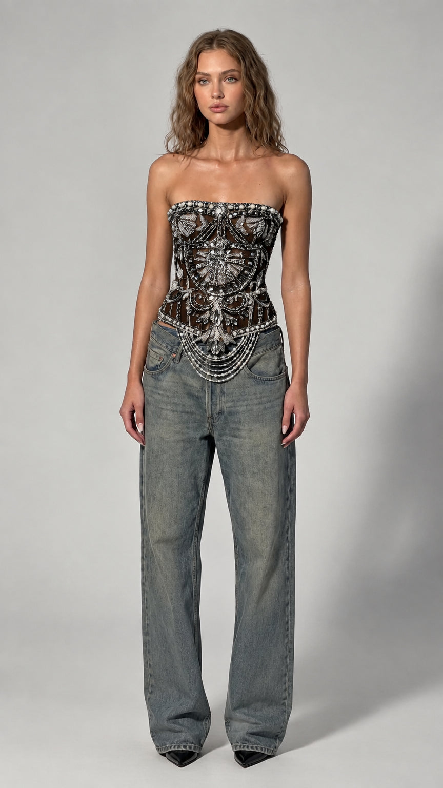 Pearl & Rhinestone Embellished Strapless Corset Top with Beaded Fringe Hem