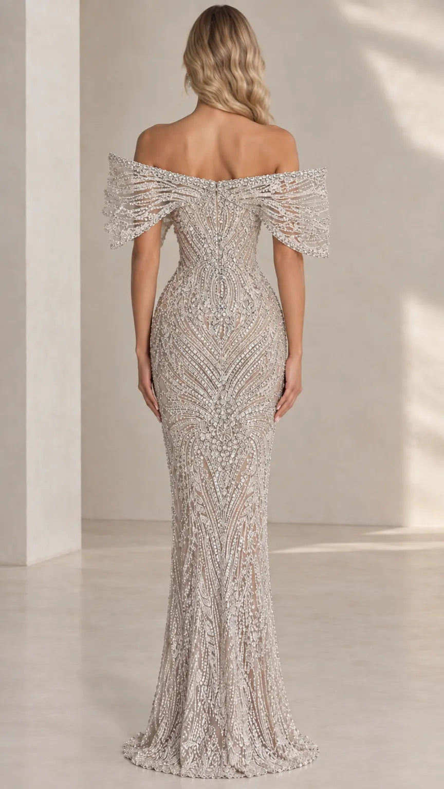 Off-The-Shoulder Beaded Mermaid Evening Gown with Sculpted Capelet Sleeves