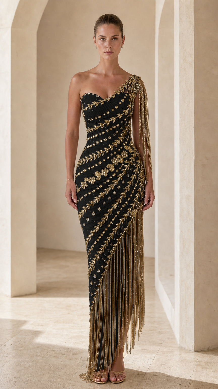 One-Shoulder Beaded Fringe Evening Gown with Metallic Leaf Embroidery