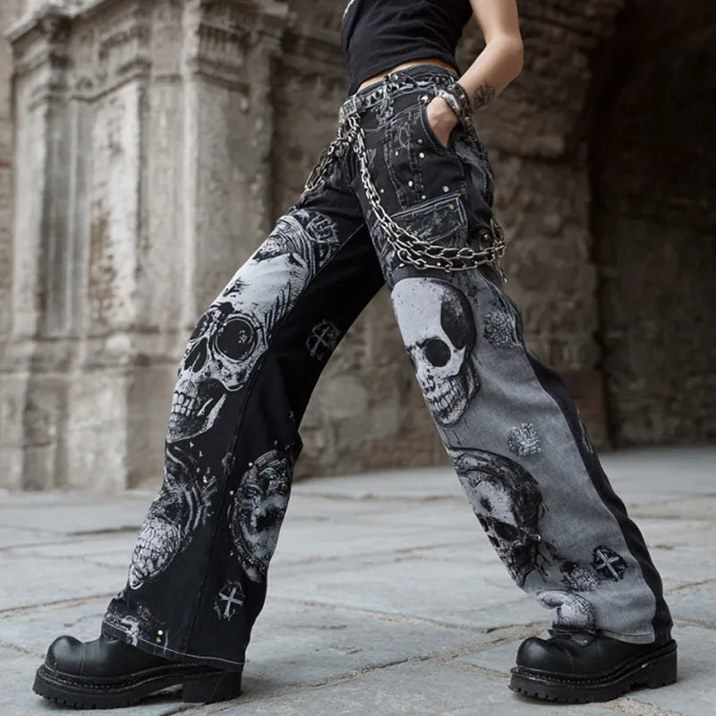 Vintage Rock Skulls Cross Studded Patchwork Bootcut Jeans