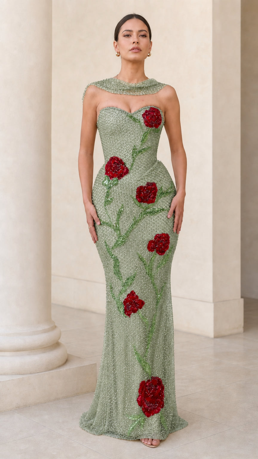 Embellished Floral Sequin Column Evening Gown with Neck Drape