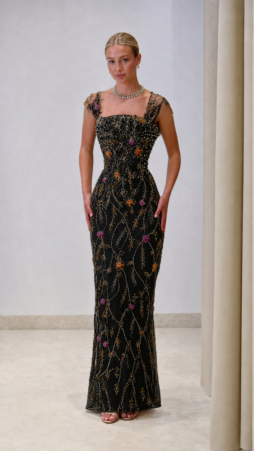 Floral Beaded Square Neck Column Evening Gown