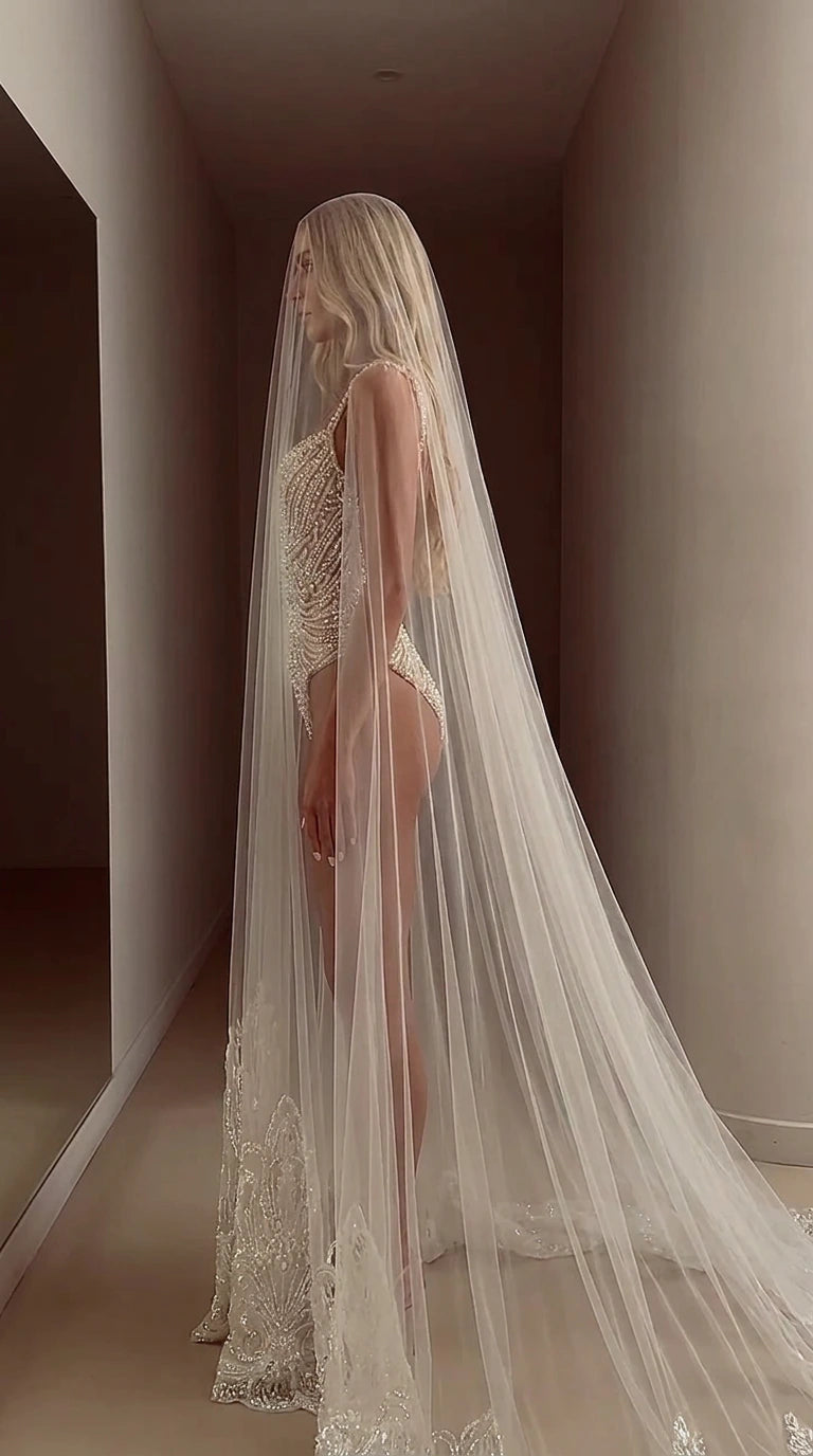 Embellished Corset Bodysuit with Embroidered Floor-Length Tulle Cape Set