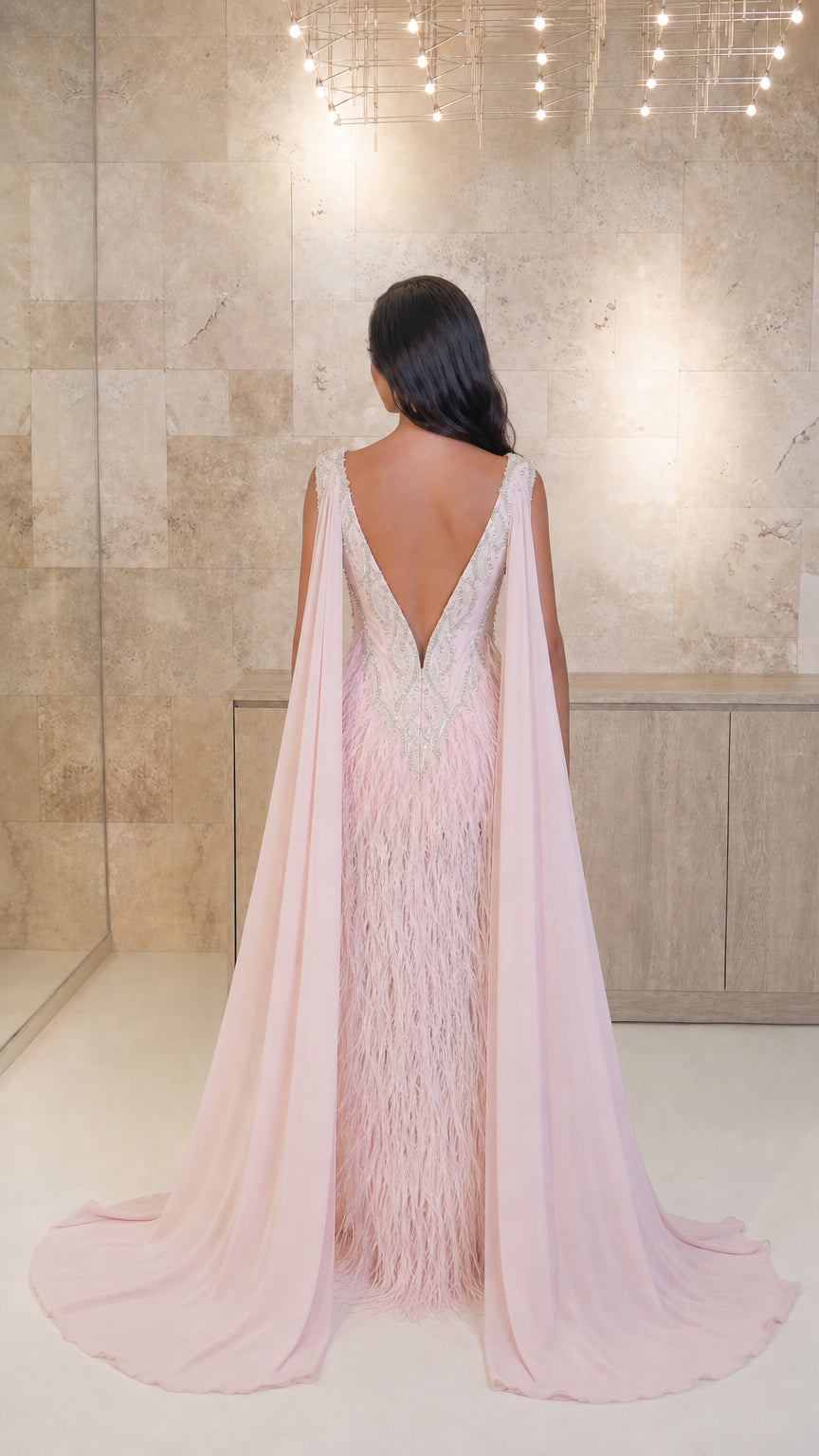 Embellished V-Neck Feather-Fringed Cape Evening Gown with Slit