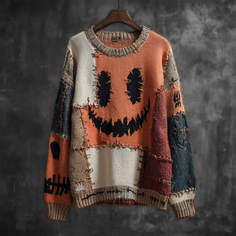 Vintage Halloween Spooky Face Colorblock Patchwork Knitted Sweater