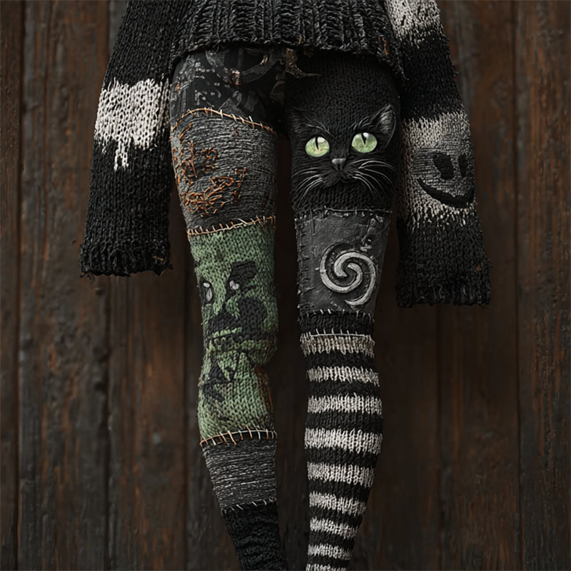 Halloween Black Cat Witch Patchwork Cozy Knit Leggings
