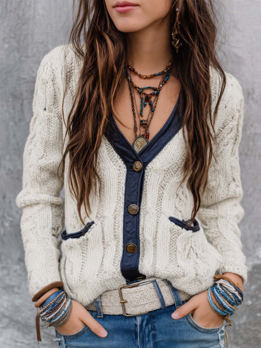 Vintage Faux Leather Contrast Trim Cable-knit Cardigan