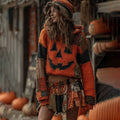 Halloween Pumpkin Face Art Cozy Knit Hooded Sweater