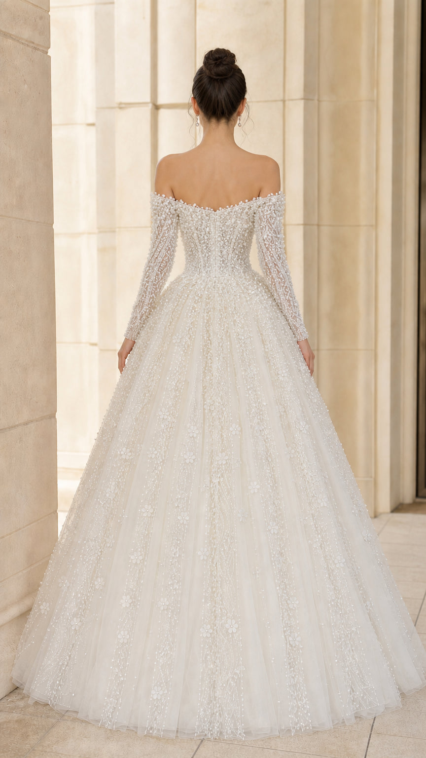 Off-the-Shoulder Long Sleeve Pearl Beaded Ball Gown