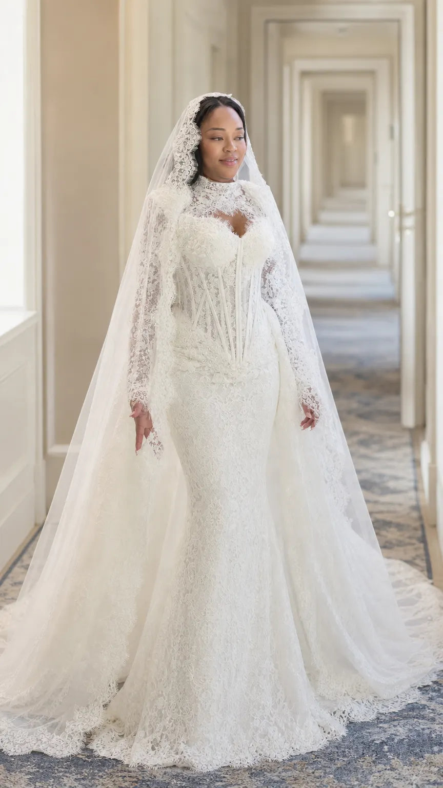 Illusion High Neck Corset Lace Mermaid Wedding Gown with Long Sleeves