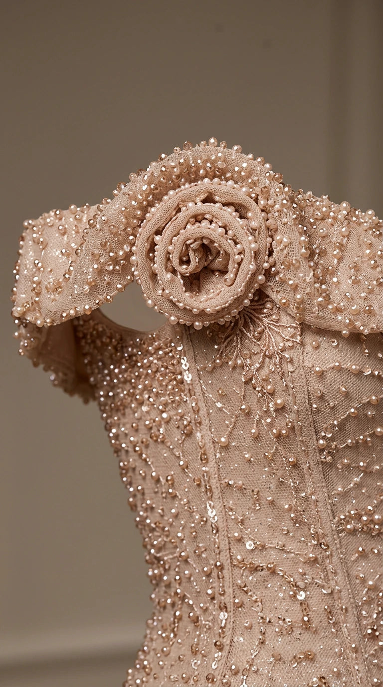 Off-The-Shoulder Beaded Rosette Evening Gown