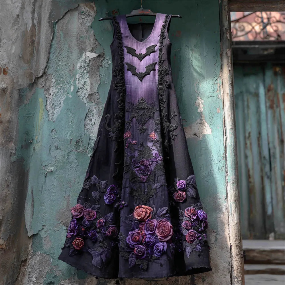 Halloween Bat & Dark Rose Gradient Women's Vest Midi Dress