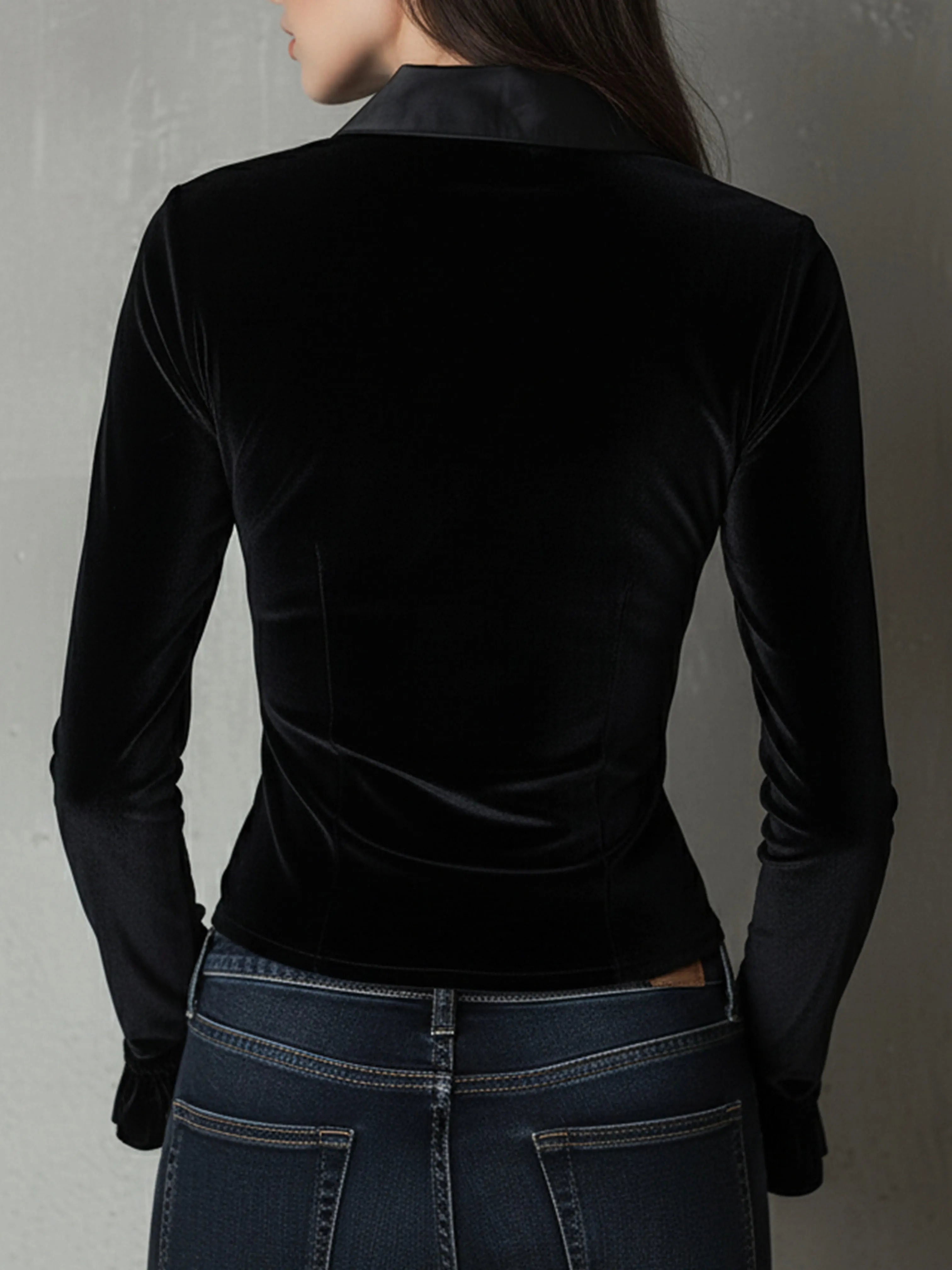 Chic Black Velvet Deep V Fitted Ruched Blouse With Satin Trim