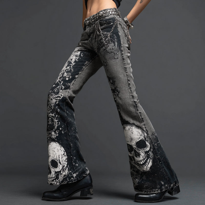 Vintage Rock Skulls Cross Studded Patchwork Bootcut Jeans