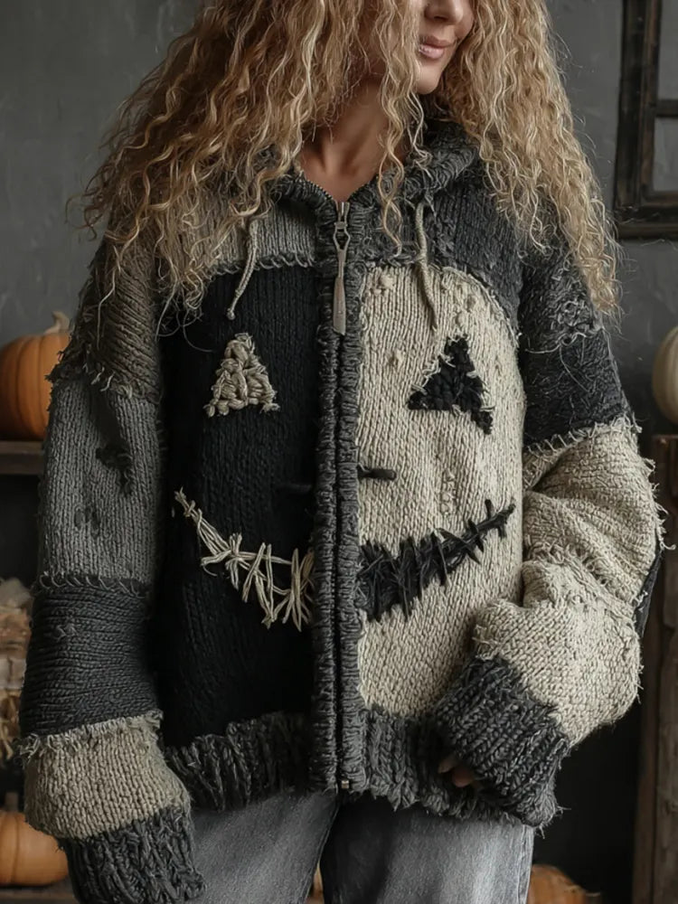 Halloween Pumpkin Face Patchwork Art Cozy Knit Hooded Cardigan