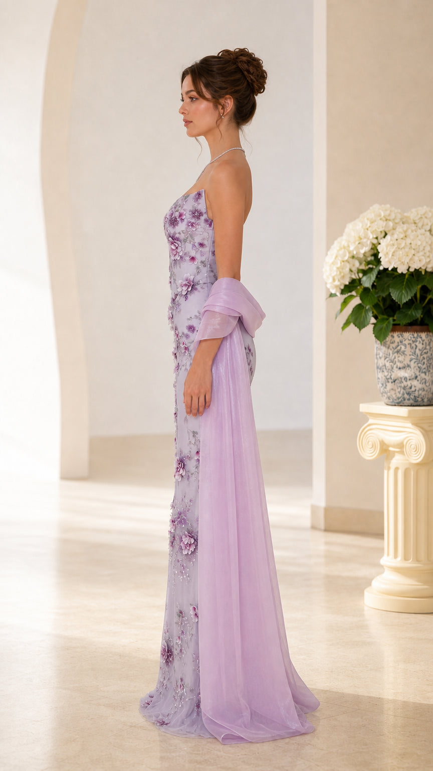Strapless 3D Floral Embroidered Evening Gown with Sheer Wrap