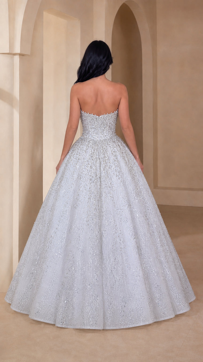 Strapless Glitter Sequin Ball Gown Evening Dress with Embellished Bodice