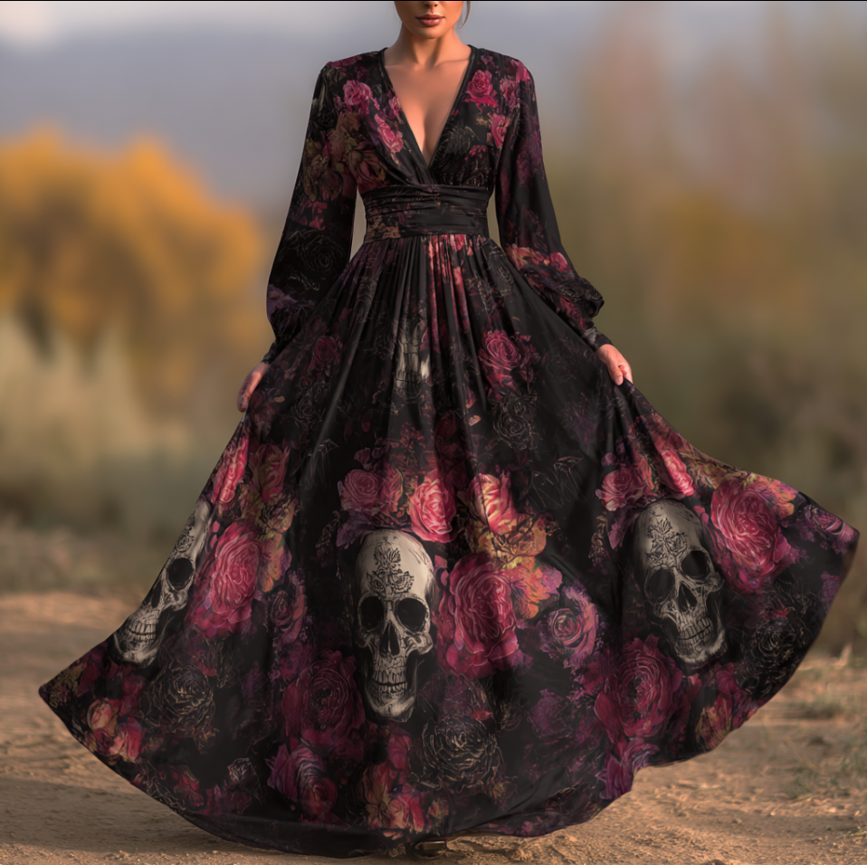 Halloween Theme Rose And Skull Pattern Women's V-neck Long Dress