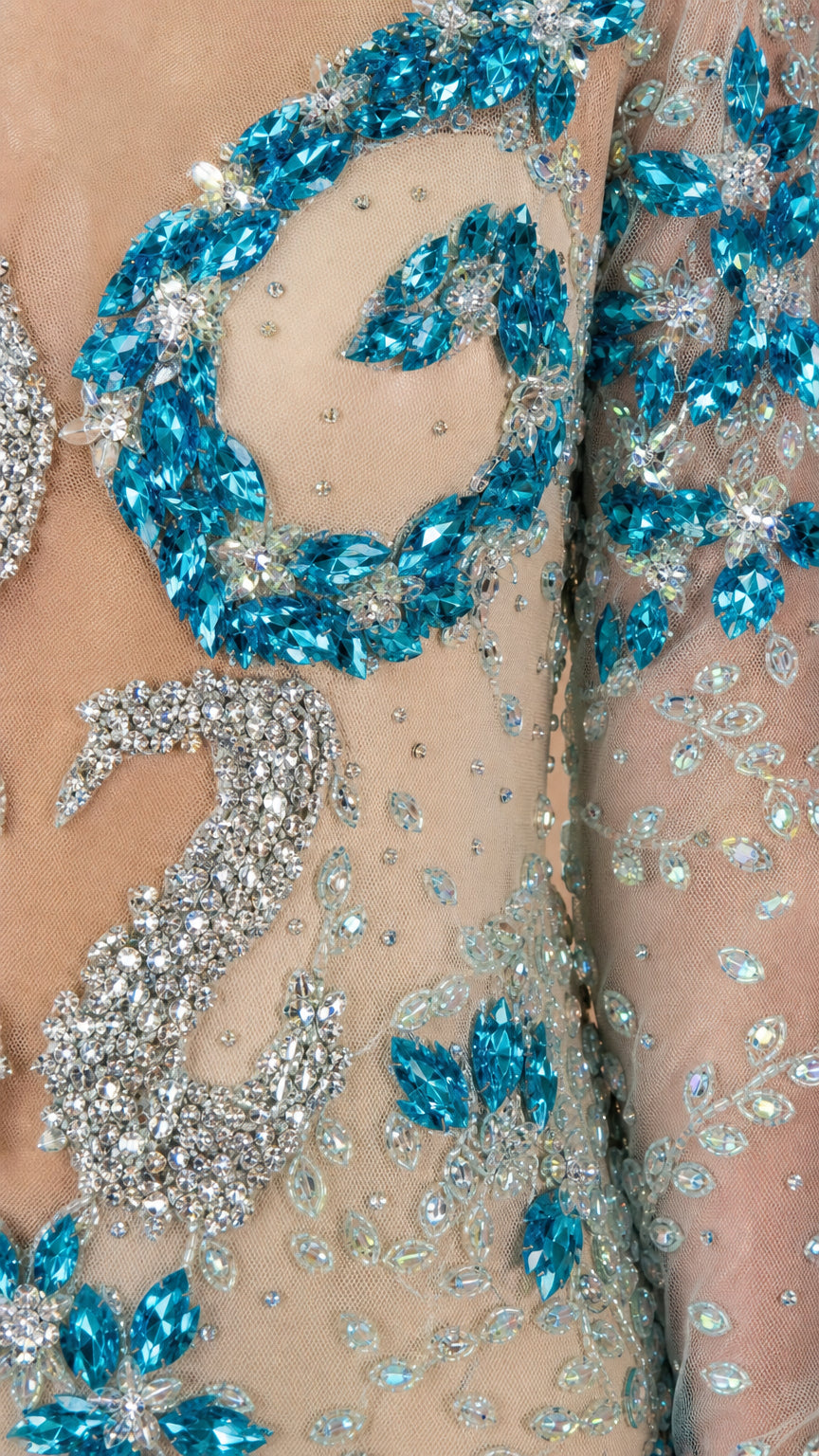 Rhinestone Embellished Illusion Long Sleeve Maxi Gown with Cutout Back