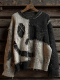 Halloween Spooky Face Contrast Colorblock Stitched Cozy Knit Sweater