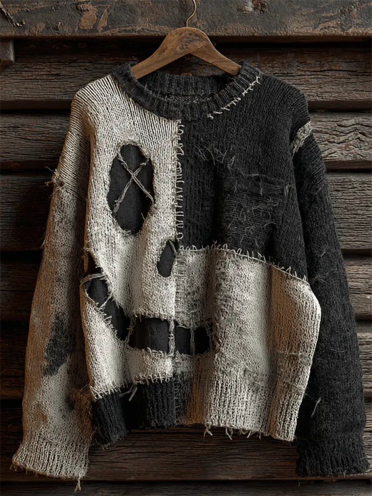 Halloween Spooky Face Contrast Colorblock Stitched Cozy Knit Sweater