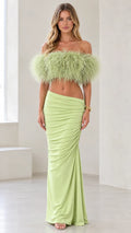 Feather Crop Top and Ruched Maxi Skirt Two-Piece Evening Set