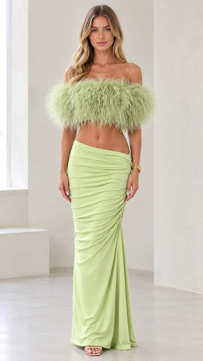 Feather Crop Top and Ruched Maxi Skirt Two-Piece Evening Set