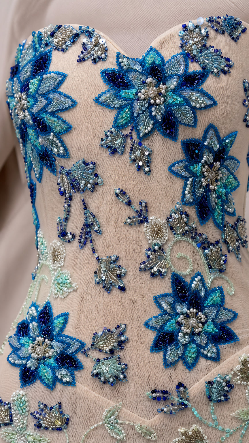 Strapless Beaded Floral Column Evening Gown with Sheer Cape