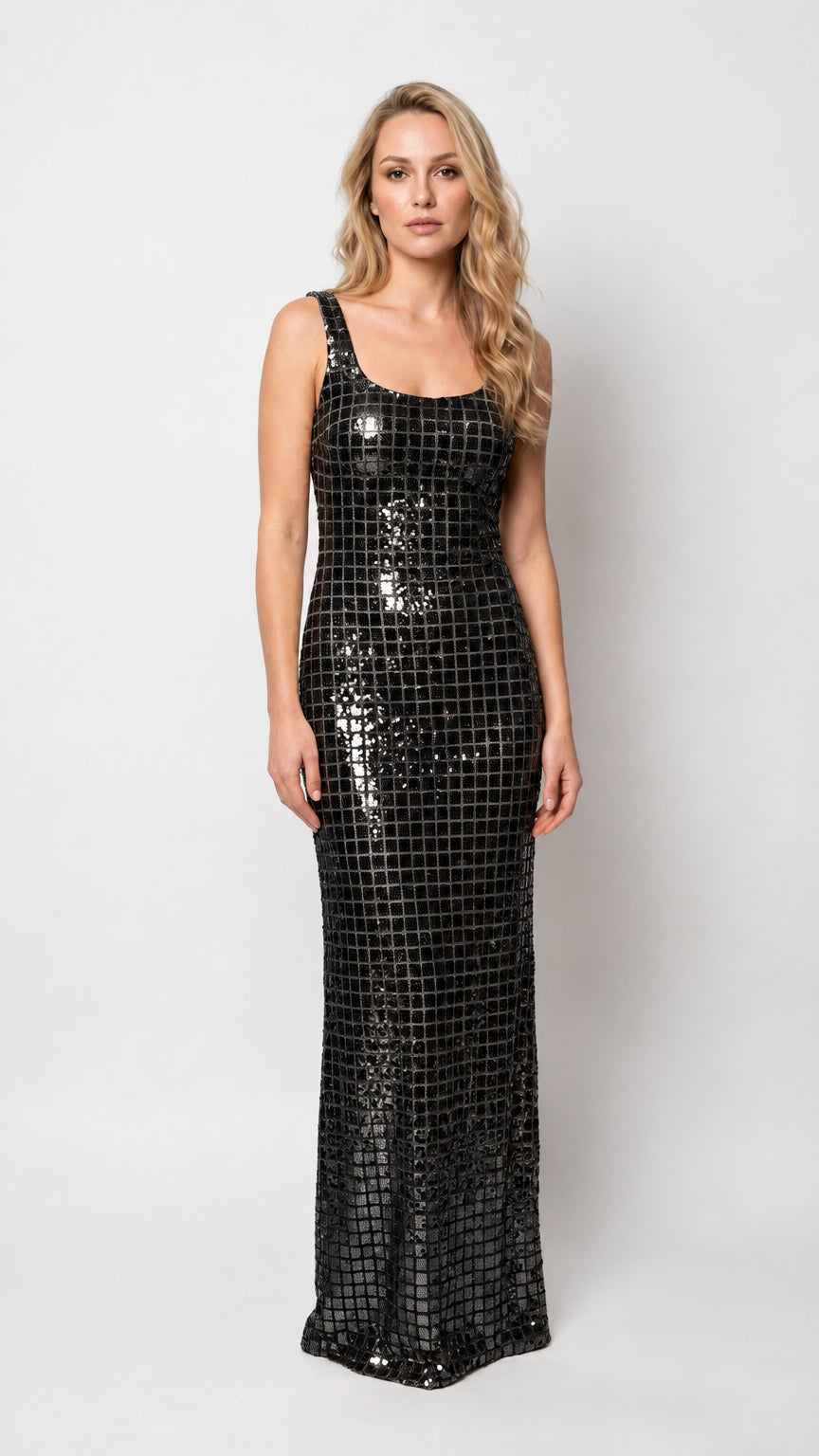 Square Neck Sequin Grid Maxi Column Evening Dress