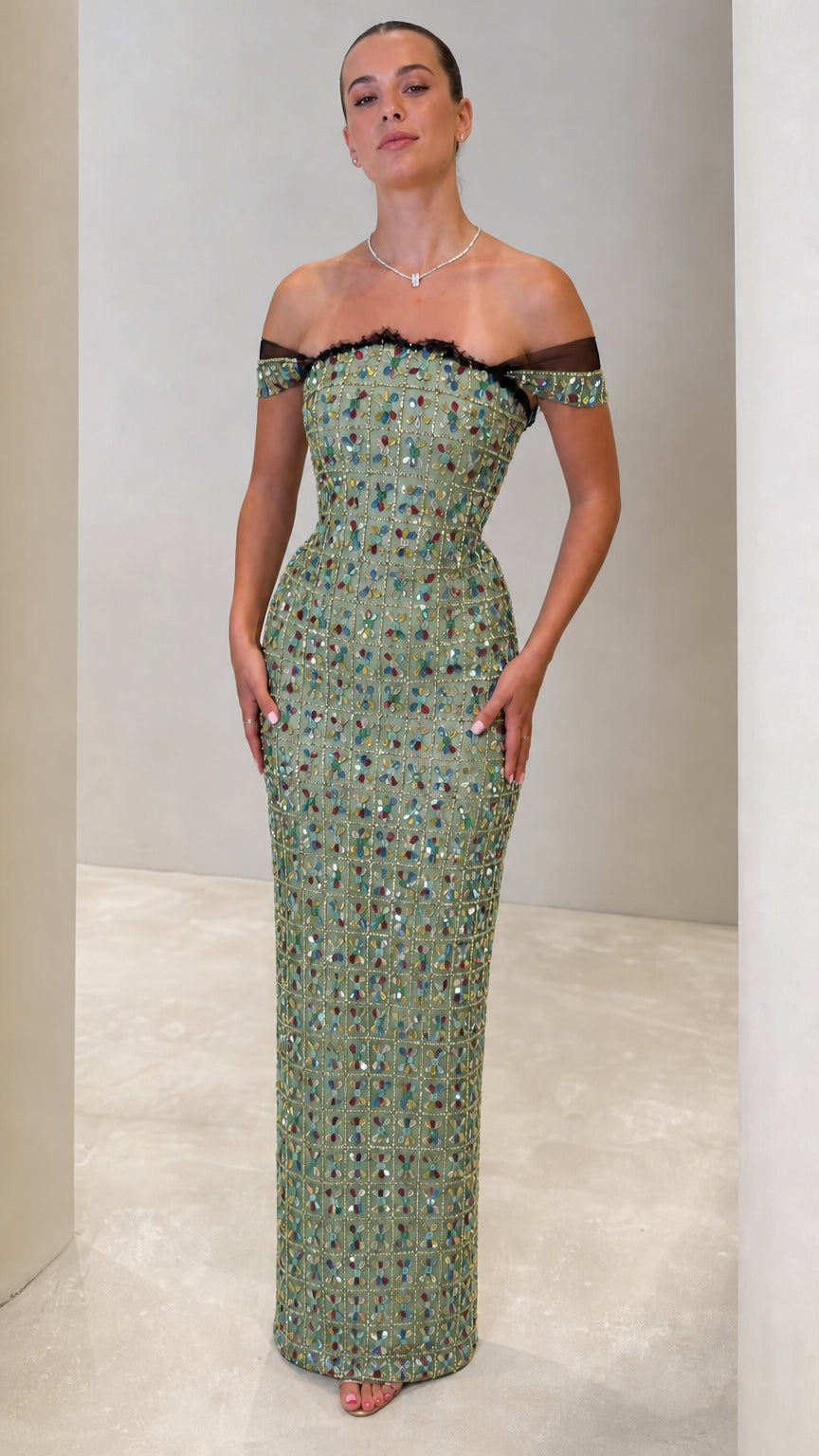 Off-the-Shoulder Jeweled Column Maxi Gown with Sheer Illusion Trim