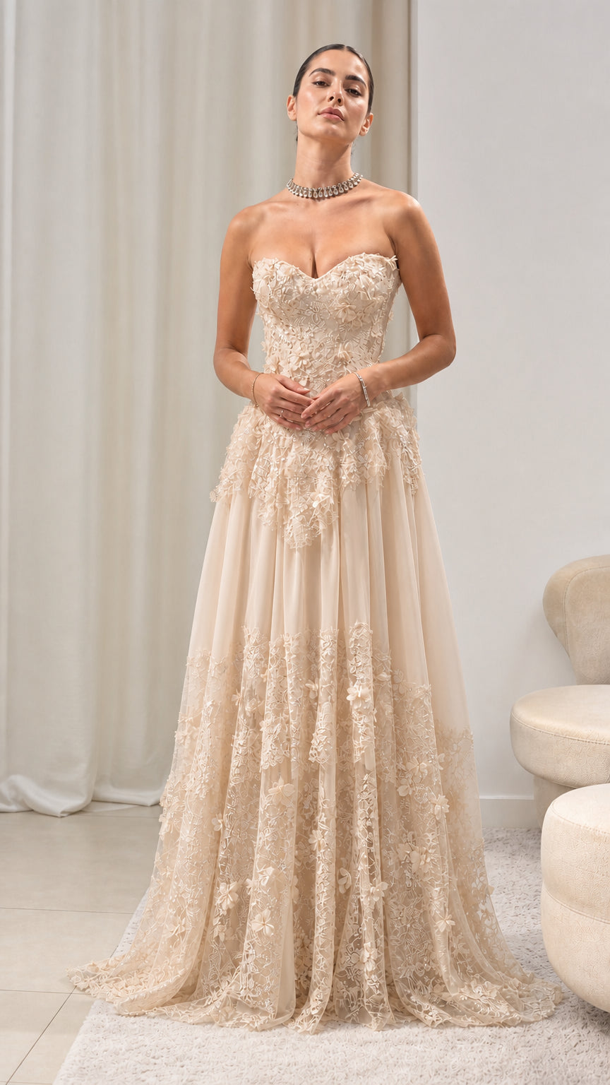 Strapless Floral Appliqué Corset Evening Gown with Tiered Lace Tulle Skirt