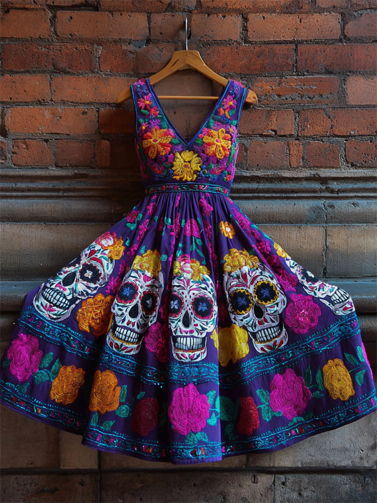 Day Of The Dead Sugar Skulls Floral Embroidered Linen Dress